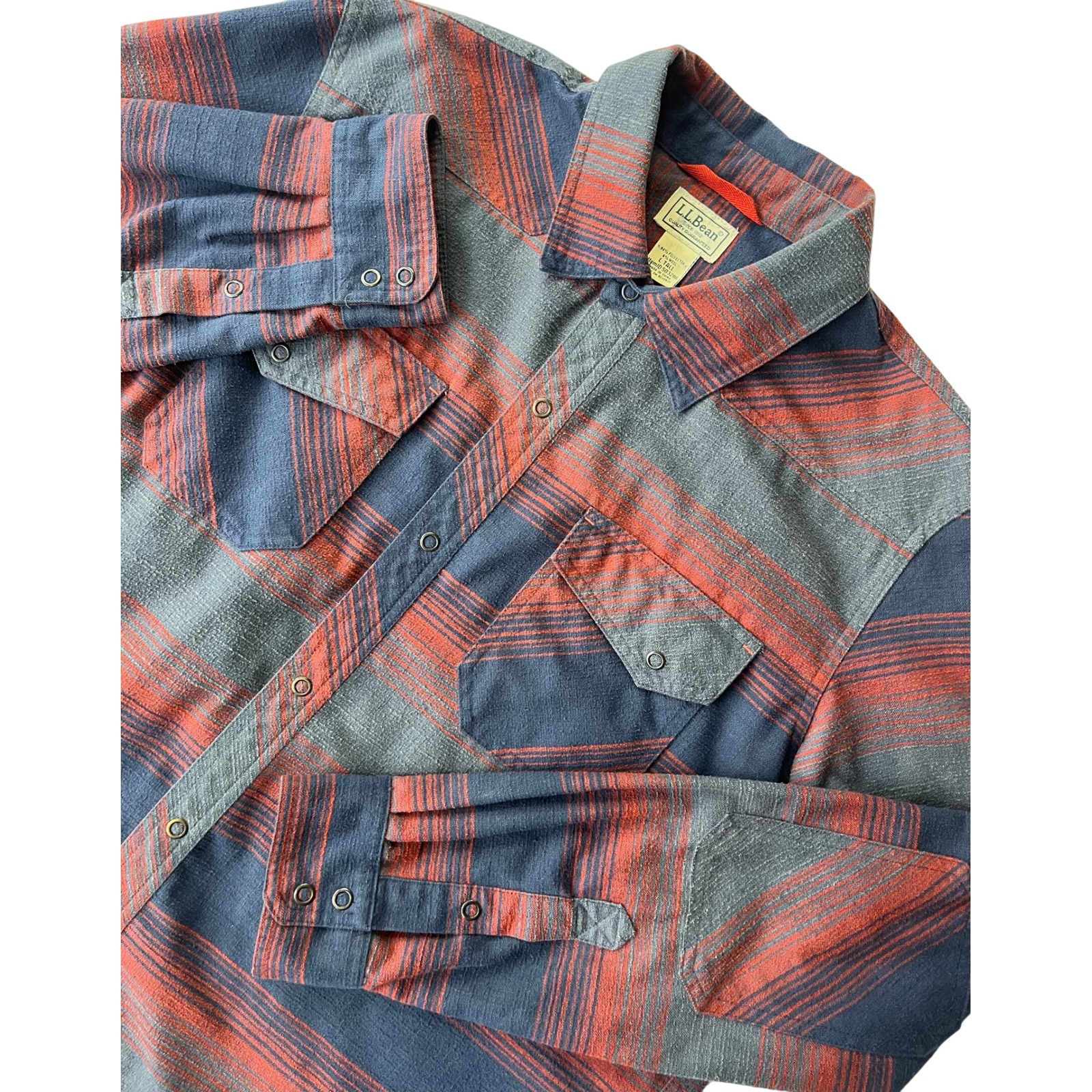 L.L.Bean Men's Plaid Flannel Shirt L Tall Red Blue Wool Long Sleeve Snap Western
